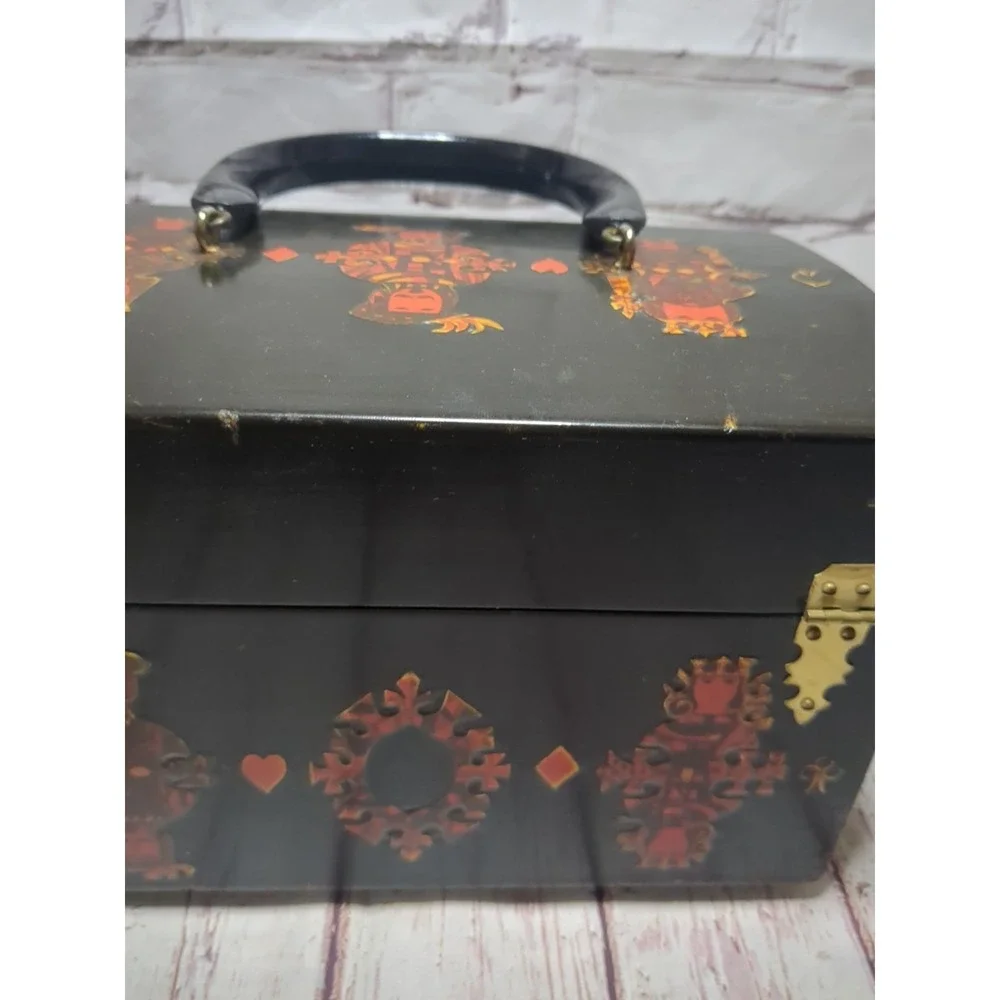 VTG 1960s 1970s Wooden Purse Decoupage Face Cards Box Plastic  Handle